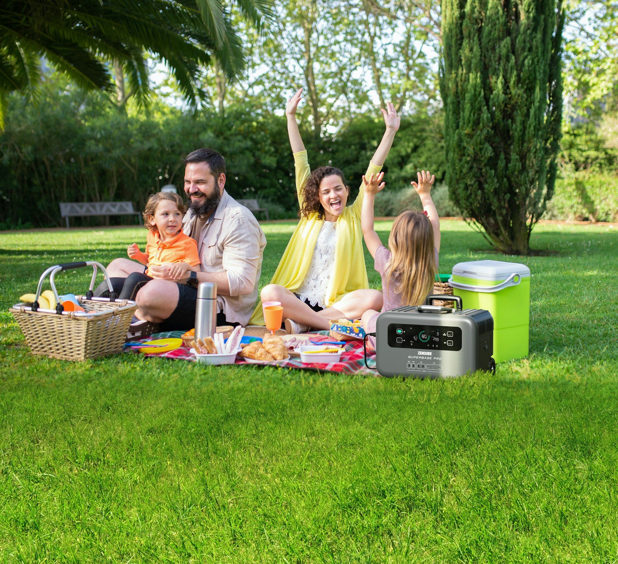 A family laughing together at a picnic on the grass